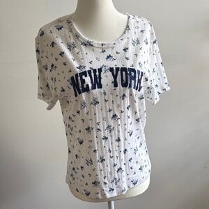 Women's White Short Sleeve Tee with Navy 'New York' Script and Blue Floral Print